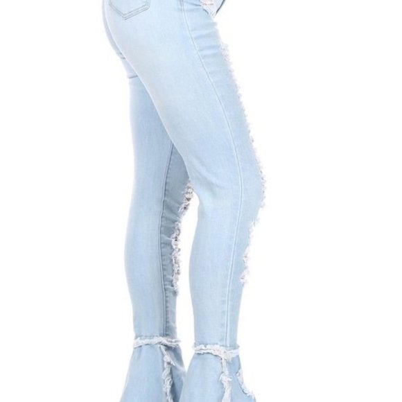 High Waist Sky Blue Distressed Stretch Skinny Jeans with Bell Hem Sizes S-XL - Picture 3 of 3